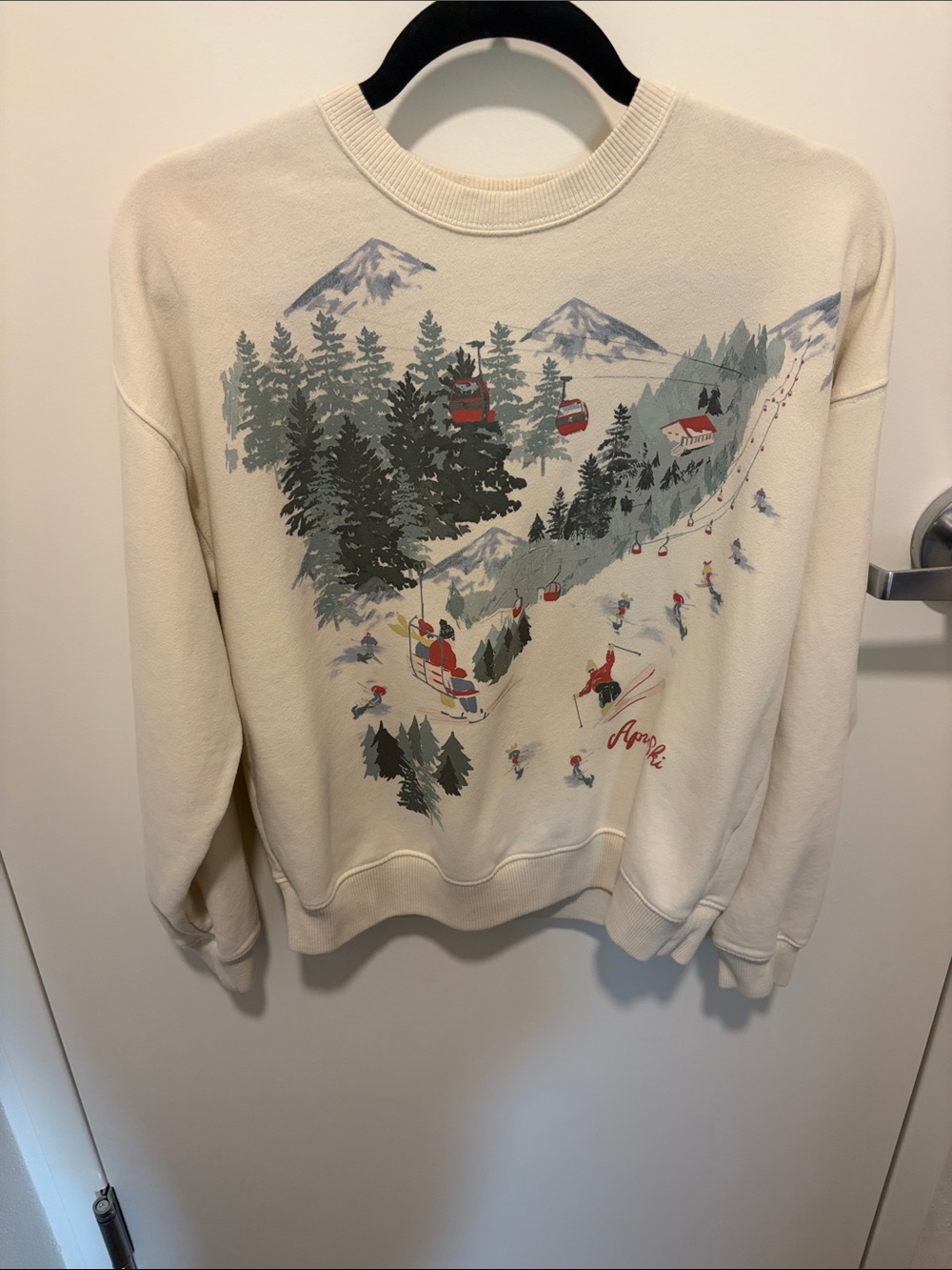 American Eagle Outfitters Cream Crewneck with Ski Slope Graphic